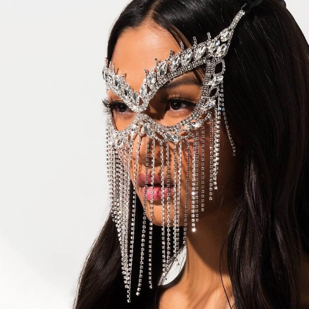 Crystal Tassel Face Mask Halloween Mask Masquerade Mask Women Rhinestone Jewelry